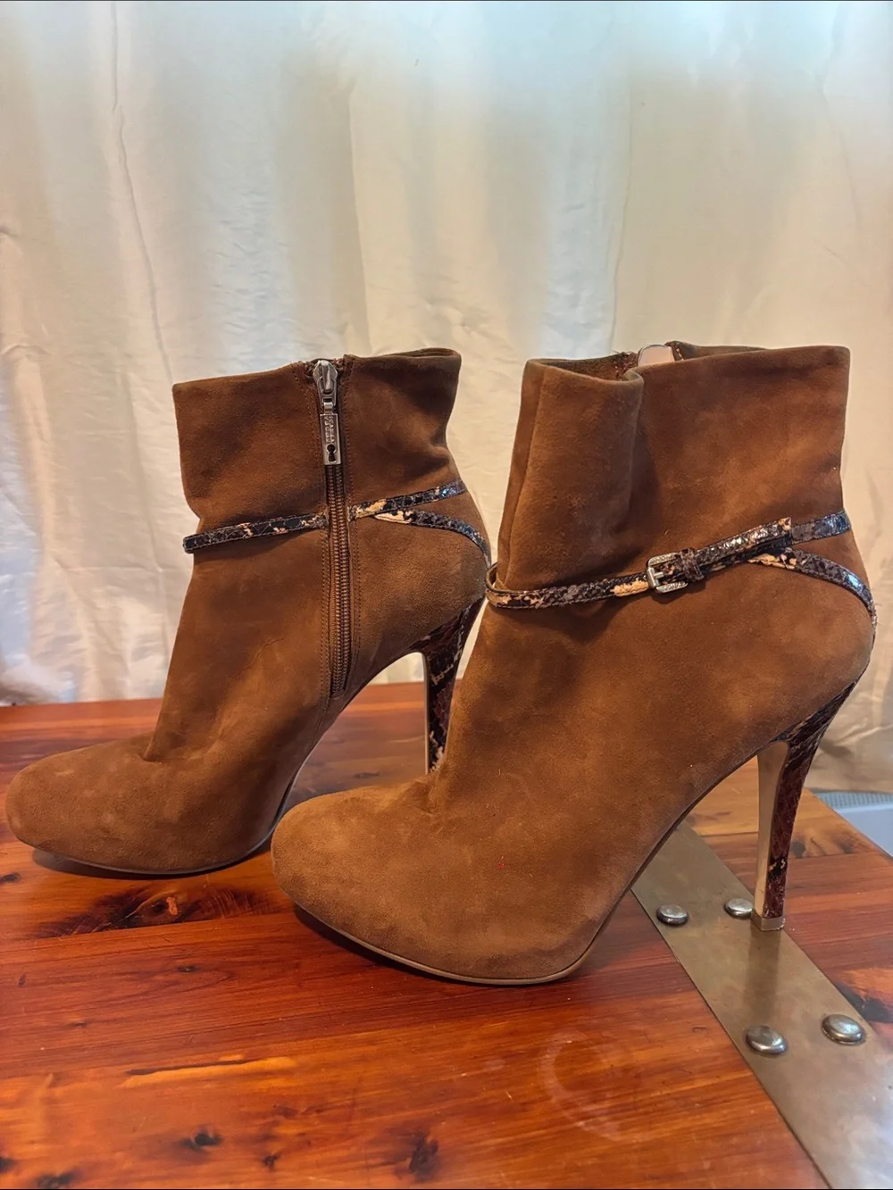 Ivanka Trump Tan Suede Ankle Booties with Snakeskin Accent